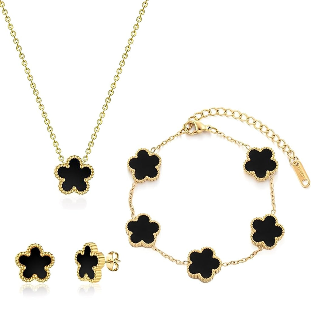 Braceiet Jewellery Set Four Leaf Clover Jewellery Set for Women Girls Lucky Charm Earrings Necklace Delicate 18K Gold Plated Stainless Steel Set