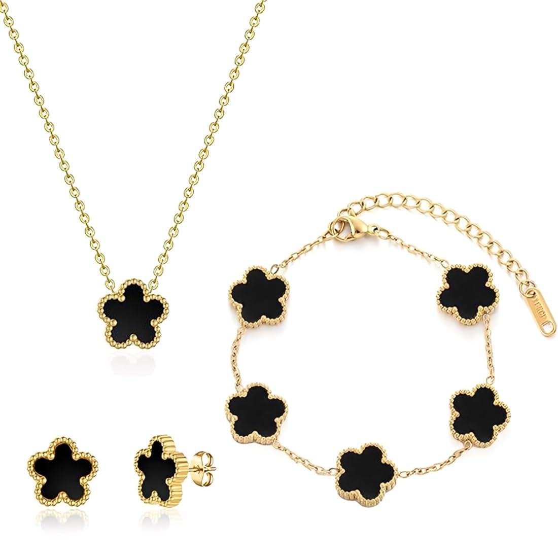 Braceiet Jewellery Set Four Leaf Clover Jewellery Set for Women Girls Lucky Charm Earrings Necklace Delicate 18K Gold Plated Stainless Steel Set