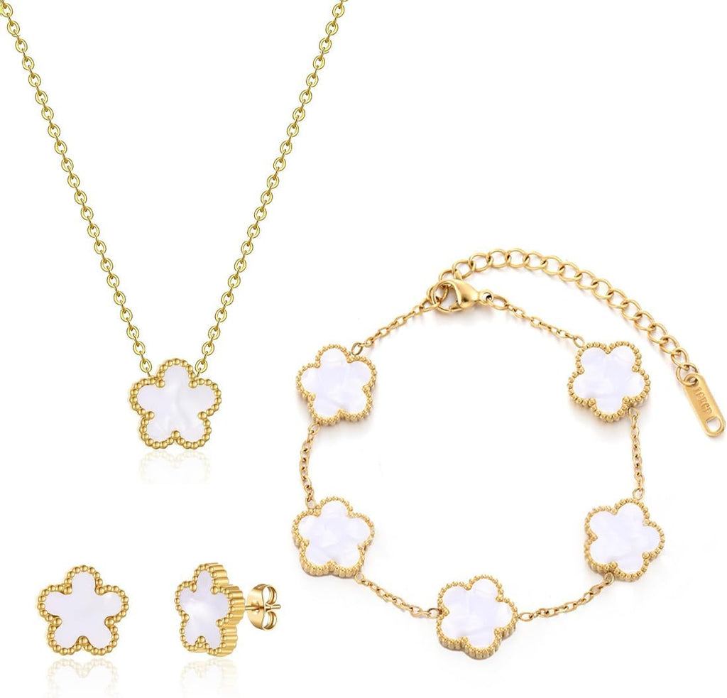 Braceiet Jewellery Set Four Leaf Clover Jewellery Set for Women Girls Lucky Charm Earrings Necklace Delicate 18K Gold Plated Stainless Steel Set