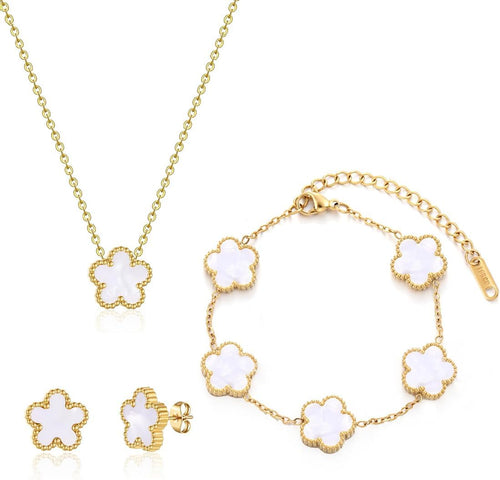 Braceiet Jewellery Set Four Leaf Clover Jewellery Set for Women Girls Lucky Charm Earrings Necklace Delicate 18K Gold Plated Stainless Steel Set