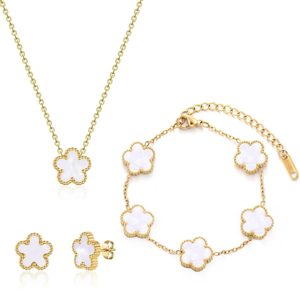 Braceiet Jewellery Set Four Leaf Clover Jewellery Set for Women Girls Lucky Charm Earrings Necklace Delicate 18K Gold Plated Stainless Steel Set