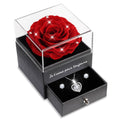 Sunia Eternal Rose with 925 Sterling Silver Necklace Heart Earrings, Preserved Roses with Jewellery, Women's Birthday Gift, Rose Stabilised Red, Love Gift, Mother's Day, Christmas, Valentine's Day