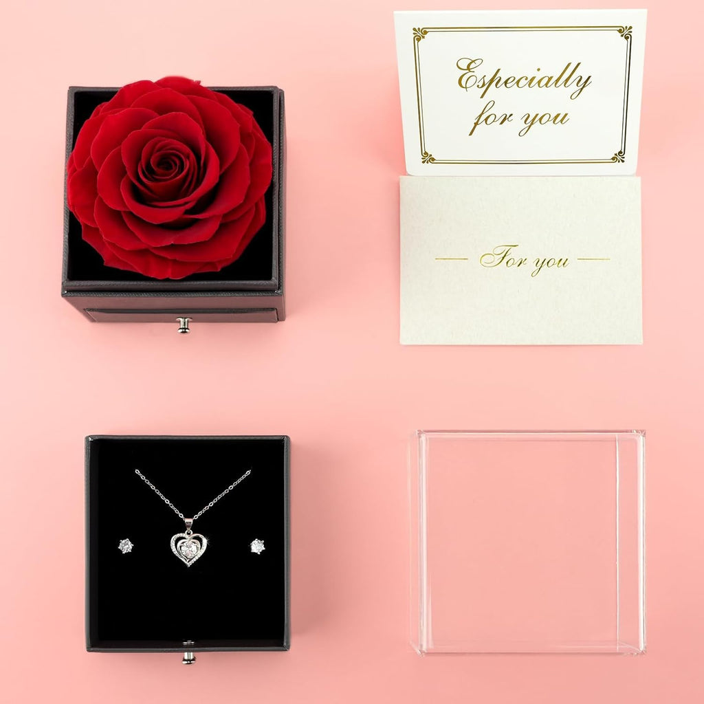 Sunia Eternal Rose with 925 Sterling Silver Necklace Heart Earrings, Preserved Roses with Jewellery, Women's Birthday Gift, Rose Stabilised Red, Love Gift, Mother's Day, Christmas, Valentine's Day