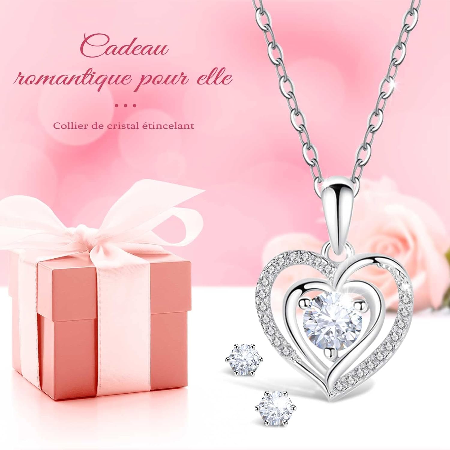 Sunia Eternal Rose with 925 Sterling Silver Necklace Heart Earrings, Preserved Roses with Jewellery, Women's Birthday Gift, Rose Stabilised Red, Love Gift, Mother's Day, Christmas, Valentine's Day