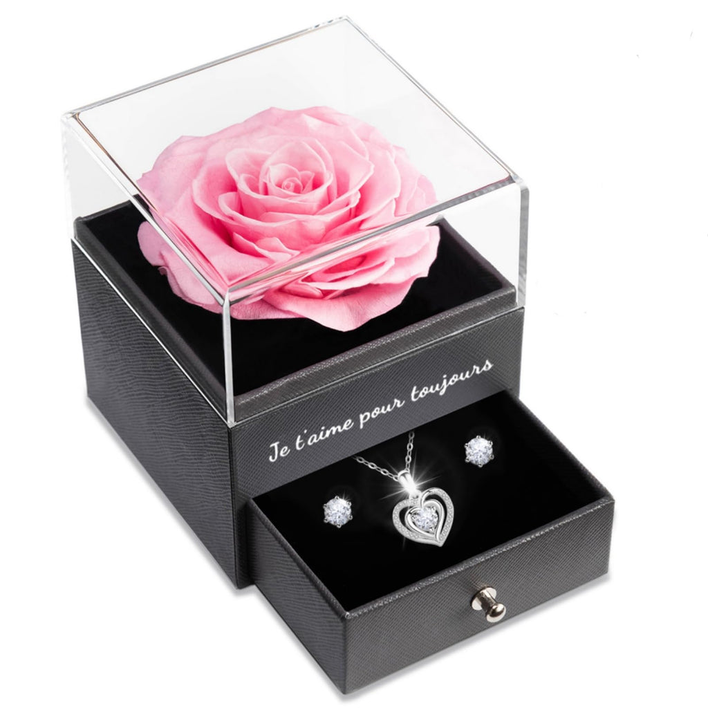 Sunia Eternal Rose with 925 Sterling Silver Necklace Heart Earrings, Preserved Roses with Jewellery, Women's Birthday Gift, Rose Stabilised Red, Love Gift, Mother's Day, Christmas, Valentine's Day