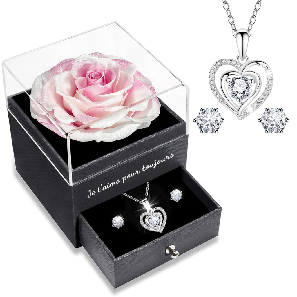Sunia Eternal Rose with 925 Sterling Silver Necklace Heart Earrings, Preserved Roses with Jewellery, Women's Birthday Gift, Rose Stabilised Red, Love Gift, Mother's Day, Christmas, Valentine's Day