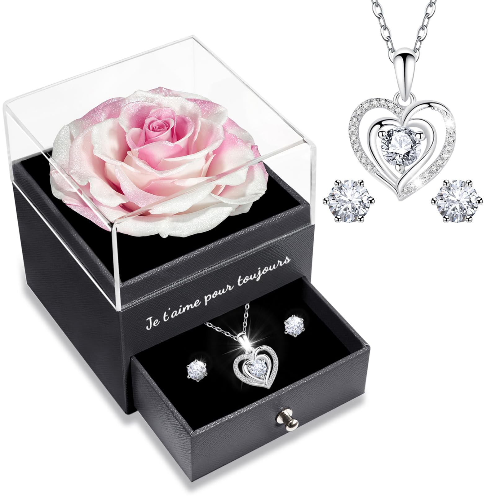 Sunia Eternal Rose with 925 Sterling Silver Necklace Heart Earrings, Preserved Roses with Jewellery, Women's Birthday Gift, Rose Stabilised Red, Love Gift, Mother's Day, Christmas, Valentine's Day