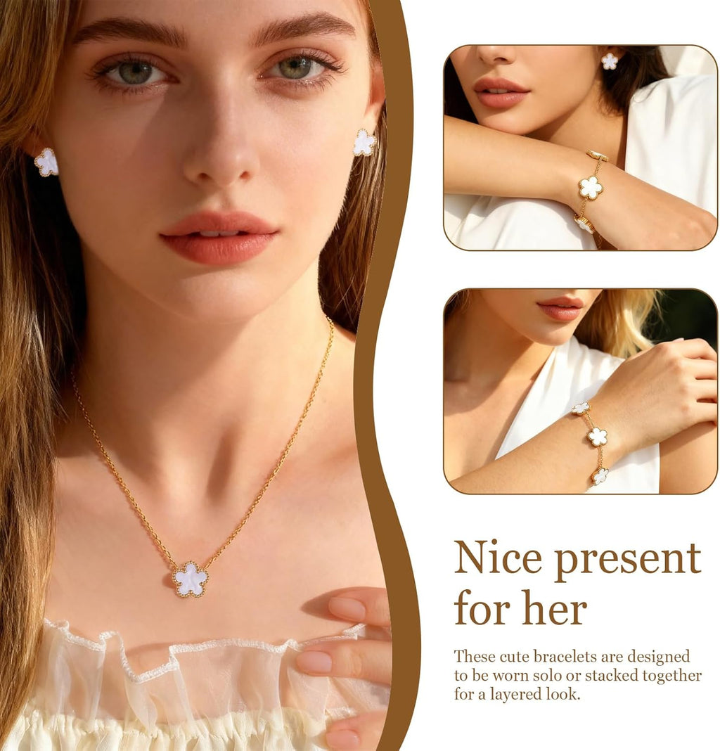 Braceiet Jewellery Set Four Leaf Clover Jewellery Set for Women Girls Lucky Charm Earrings Necklace Delicate 18K Gold Plated Stainless Steel Set