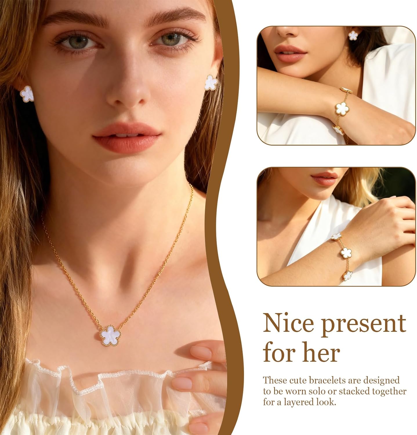 Braceiet Jewellery Set Four Leaf Clover Jewellery Set for Women Girls Lucky Charm Earrings Necklace Delicate 18K Gold Plated Stainless Steel Set