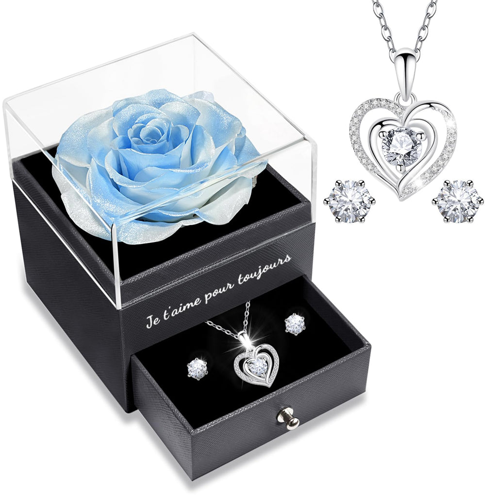 Sunia Eternal Rose with 925 Sterling Silver Necklace Heart Earrings, Preserved Roses with Jewellery, Women's Birthday Gift, Rose Stabilised Red, Love Gift, Mother's Day, Christmas, Valentine's Day