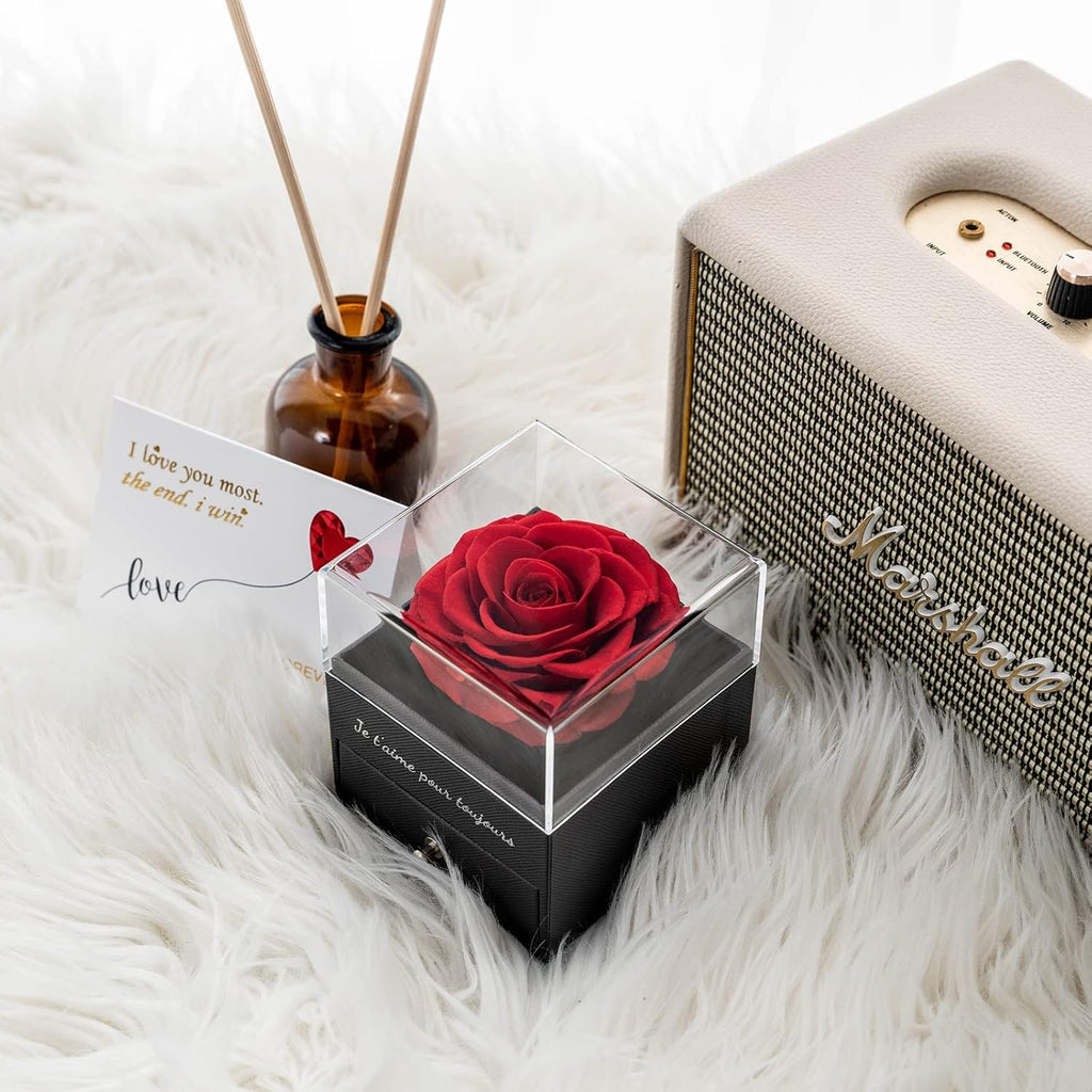 Sunia Eternal Rose with 925 Sterling Silver Necklace Heart Earrings, Preserved Roses with Jewellery, Women's Birthday Gift, Rose Stabilised Red, Love Gift, Mother's Day, Christmas, Valentine's Day