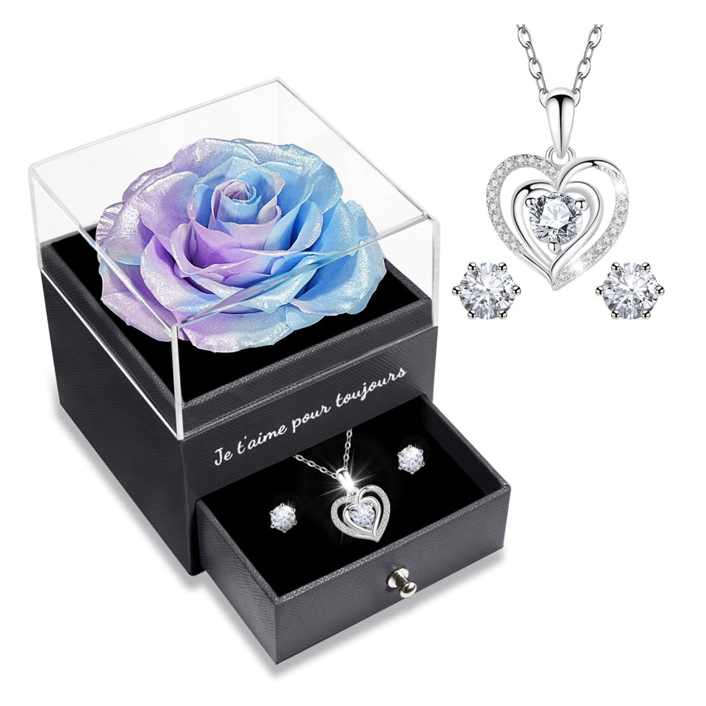 Sunia Eternal Rose with 925 Sterling Silver Necklace Heart Earrings, Preserved Roses with Jewellery, Women's Birthday Gift, Rose Stabilised Red, Love Gift, Mother's Day, Christmas, Valentine's Day