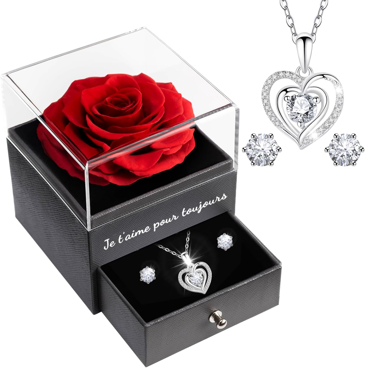Sunia Eternal Rose with 925 Sterling Silver Necklace Heart Earrings, Preserved Roses with Jewellery, Women's Birthday Gift, Rose Stabilised Red, Love Gift, Mother's Day, Christmas, Valentine's Day