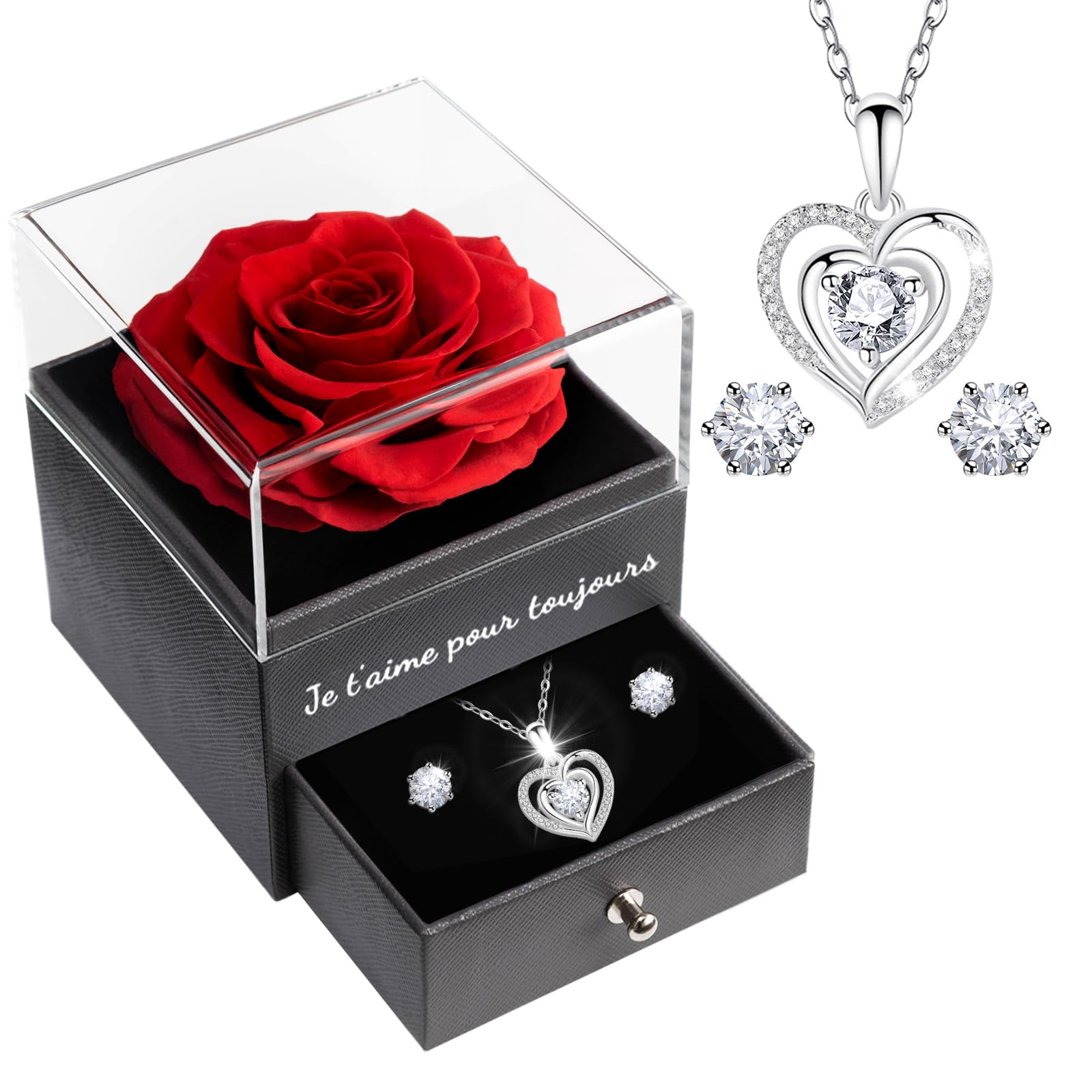 Sunia Eternal Rose with 925 Sterling Silver Necklace Heart Earrings, Preserved Roses with Jewellery, Women's Birthday Gift, Rose Stabilised Red, Love Gift, Mother's Day, Christmas, Valentine's Day