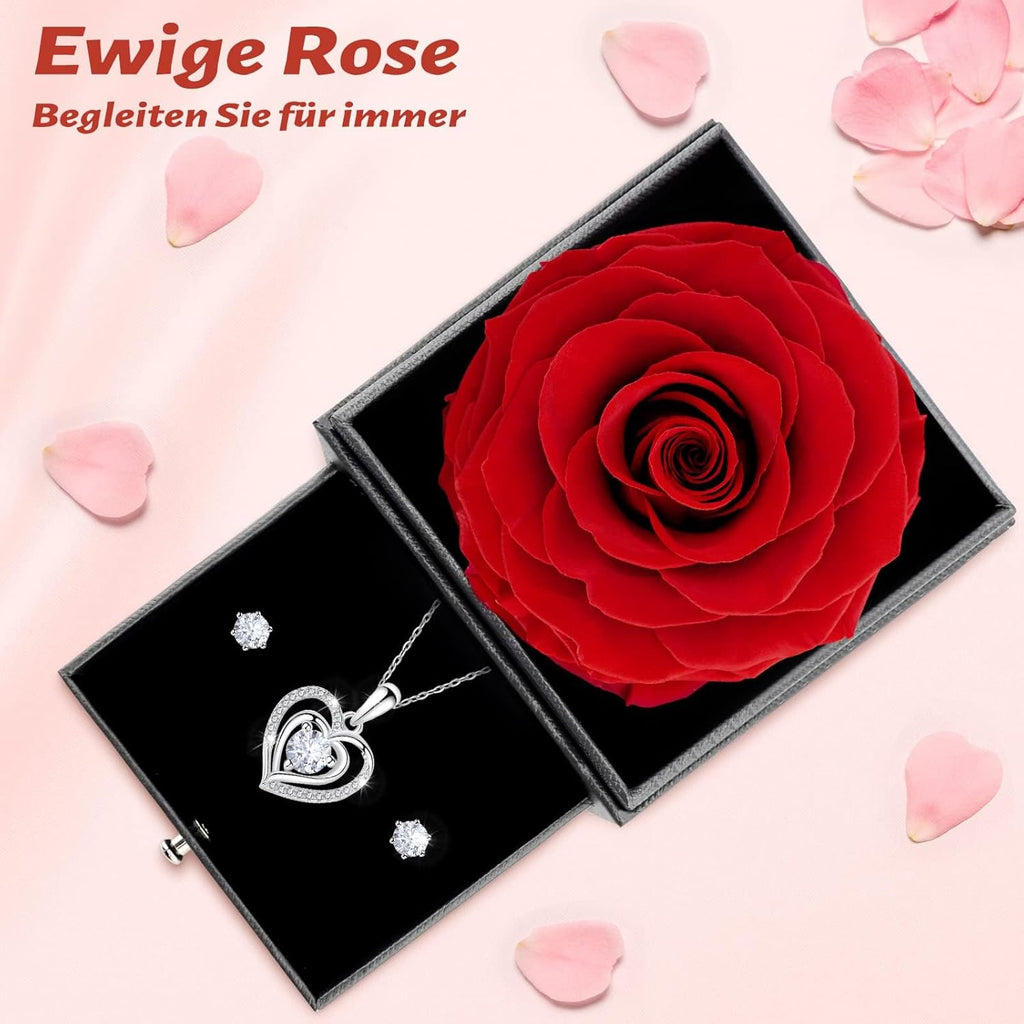 Sunia Eternal Rose with 925 Sterling Silver Necklace Heart Earrings, Preserved Roses with Jewellery, Women's Birthday Gift, Rose Stabilised Red, Love Gift, Mother's Day, Christmas, Valentine's Day