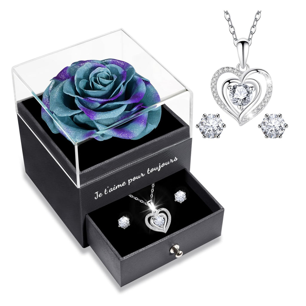 Sunia Eternal Rose with 925 Sterling Silver Necklace Heart Earrings, Preserved Roses with Jewellery, Women's Birthday Gift, Rose Stabilised Red, Love Gift, Mother's Day, Christmas, Valentine's Day