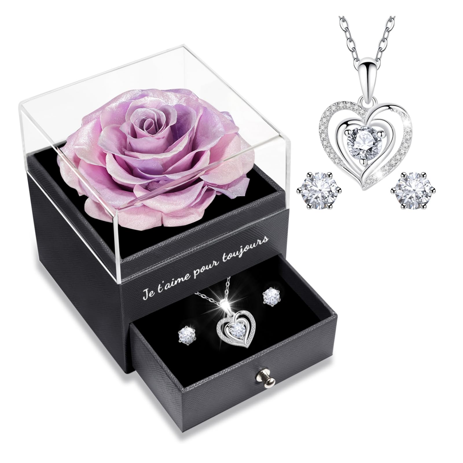 Sunia Eternal Rose with 925 Sterling Silver Necklace Heart Earrings, Preserved Roses with Jewellery, Women's Birthday Gift, Rose Stabilised Red, Love Gift, Mother's Day, Christmas, Valentine's Day