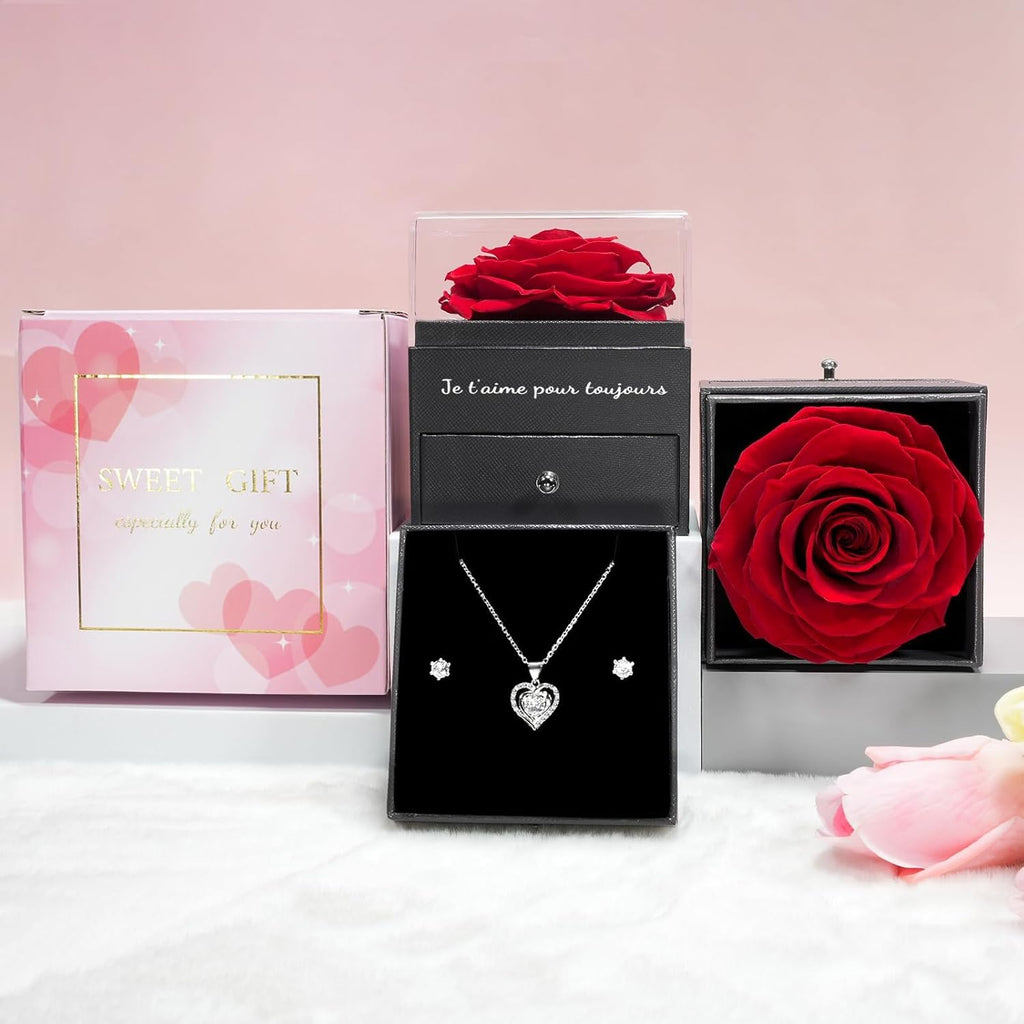 Sunia Eternal Rose with 925 Sterling Silver Necklace Heart Earrings, Preserved Roses with Jewellery, Women's Birthday Gift, Rose Stabilised Red, Love Gift, Mother's Day, Christmas, Valentine's Day
