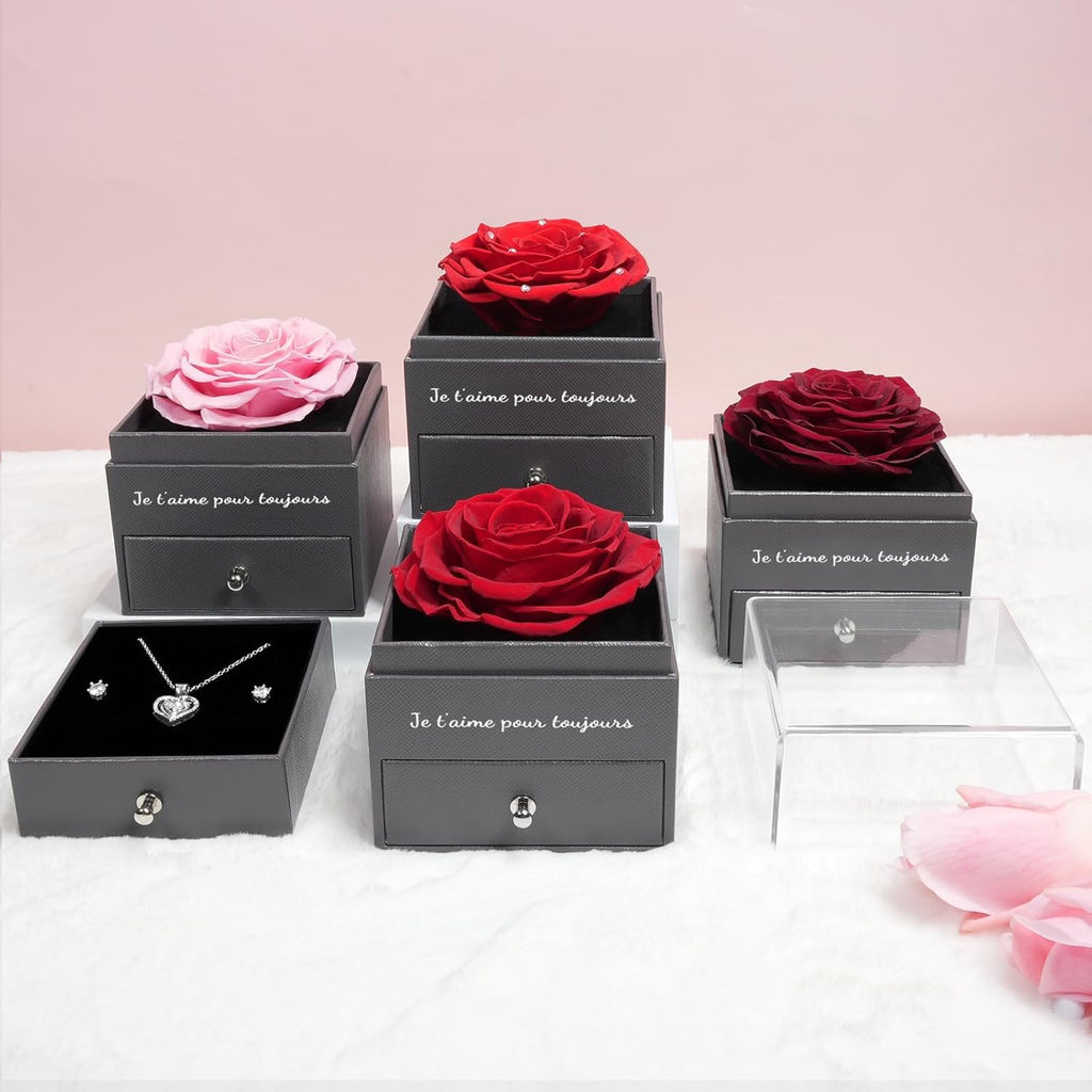 Sunia Eternal Rose with 925 Sterling Silver Necklace Heart Earrings, Preserved Roses with Jewellery, Women's Birthday Gift, Rose Stabilised Red, Love Gift, Mother's Day, Christmas, Valentine's Day