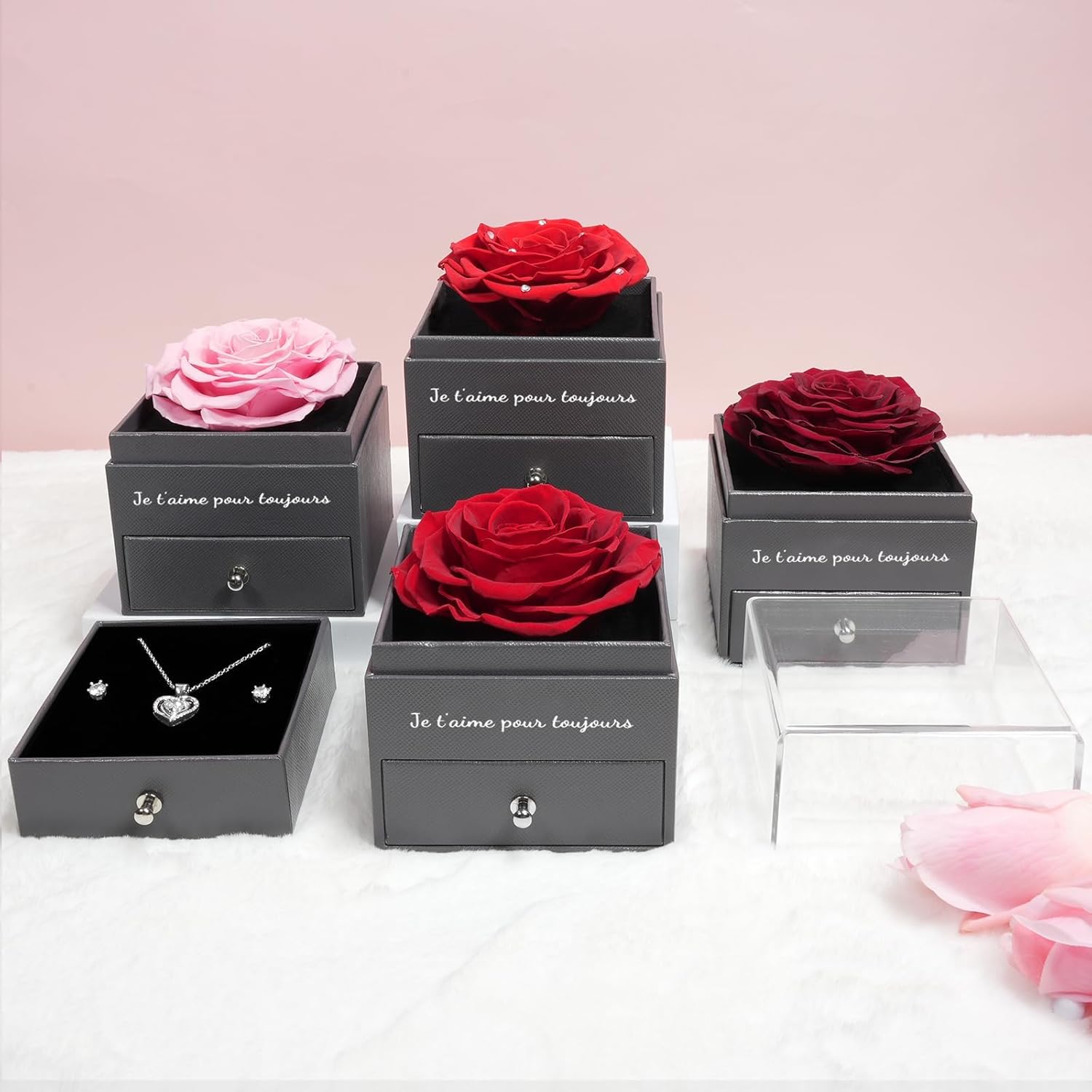 Sunia Eternal Rose with 925 Sterling Silver Necklace Heart Earrings, Preserved Roses with Jewellery, Women's Birthday Gift, Rose Stabilised Red, Love Gift, Mother's Day, Christmas, Valentine's Day