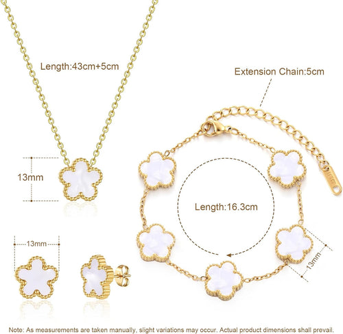 Braceiet Jewellery Set Four Leaf Clover Jewellery Set for Women Girls Lucky Charm Earrings Necklace Delicate 18K Gold Plated Stainless Steel Set